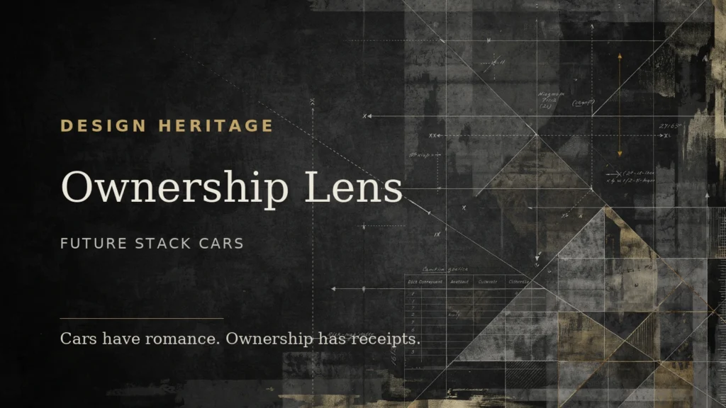 Abstract Future Stack Cars editorial graphic showing design contour lines and ownership ledger marks for premium car buying.
