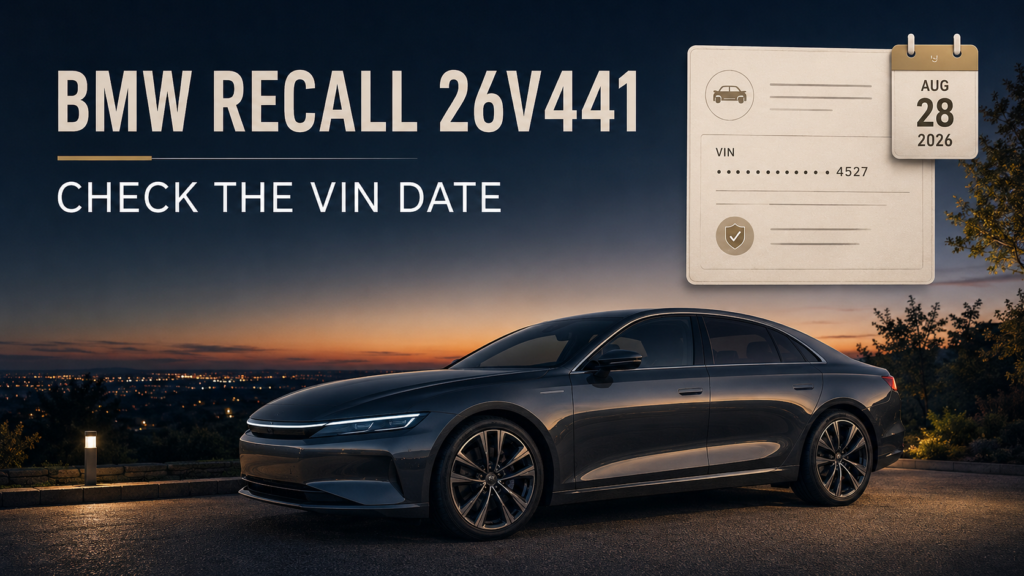 Editorial illustration of a brand-neutral premium sedan parked outdoors beside a VIN record dated August 28, 2026, for BMW recall 26V441.