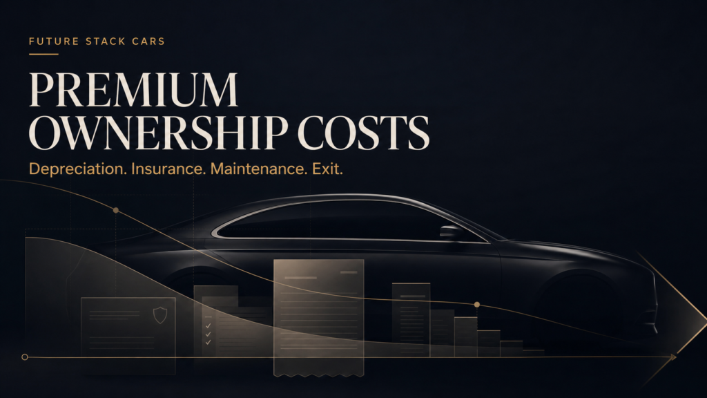Abstract premium car ownership cost graphic with ledger, depreciation, insurance, maintenance and resale exit motifs.