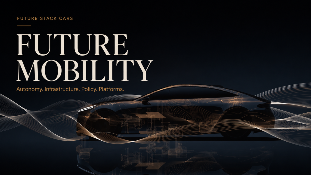 Future Mobility editorial cover showing a brand-neutral premium car silhouette with data-wave overlays, infrastructure lines and policy-risk motifs.