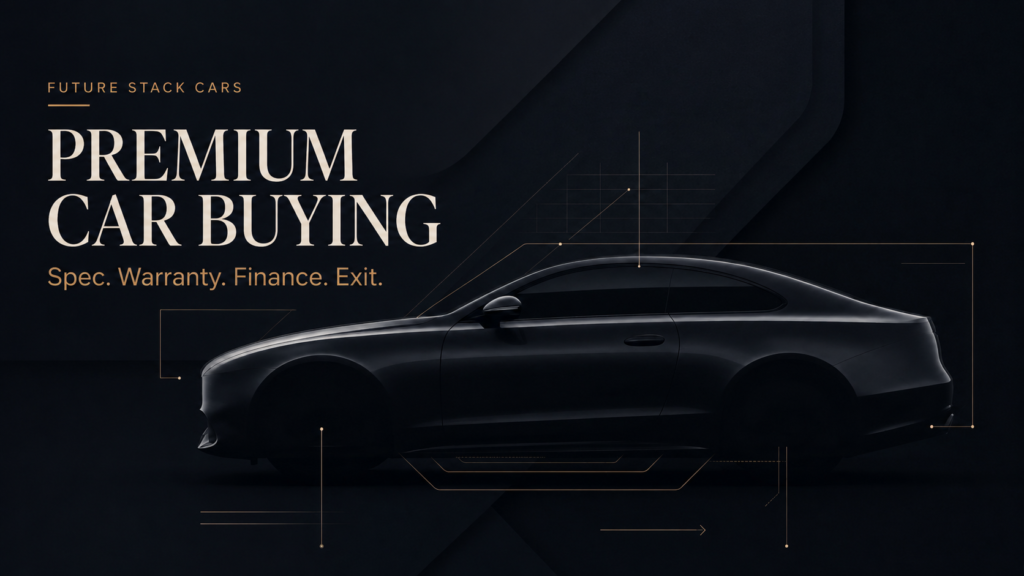 Abstract premium car buying editorial graphic showing a luxury coupe silhouette with spec, warranty, finance, and resale exit motifs.