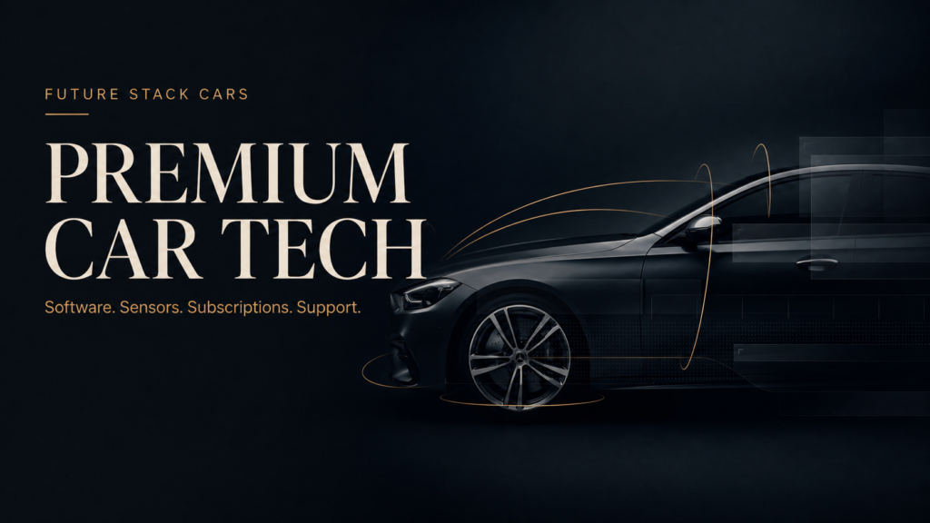 Abstract premium car tech editorial graphic showing a dark brand-neutral vehicle with software, sensor, subscription and connected-service motifs.