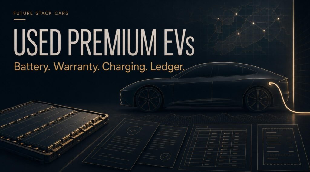Abstract premium EV ownership graphic showing battery, warranty, charging and ledger motifs for used EV buyer risk analysis.
