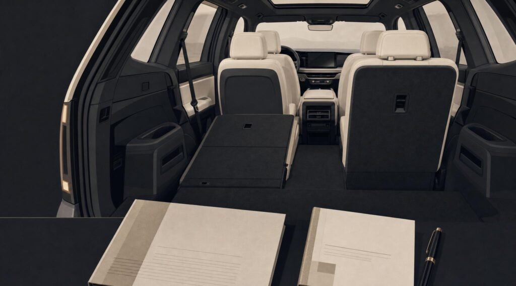 Editorial illustration of a brand-neutral three-row electric SUV interior with one third-row seat upright and the other folded beside unbranded ownership documents.