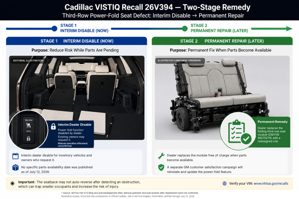 Infographic with illustrative SUV interior and seat-module renderings showing the two stages of Cadillac VISTIQ recall 26V394: an interim dealer disable followed by permanent module replacement.
